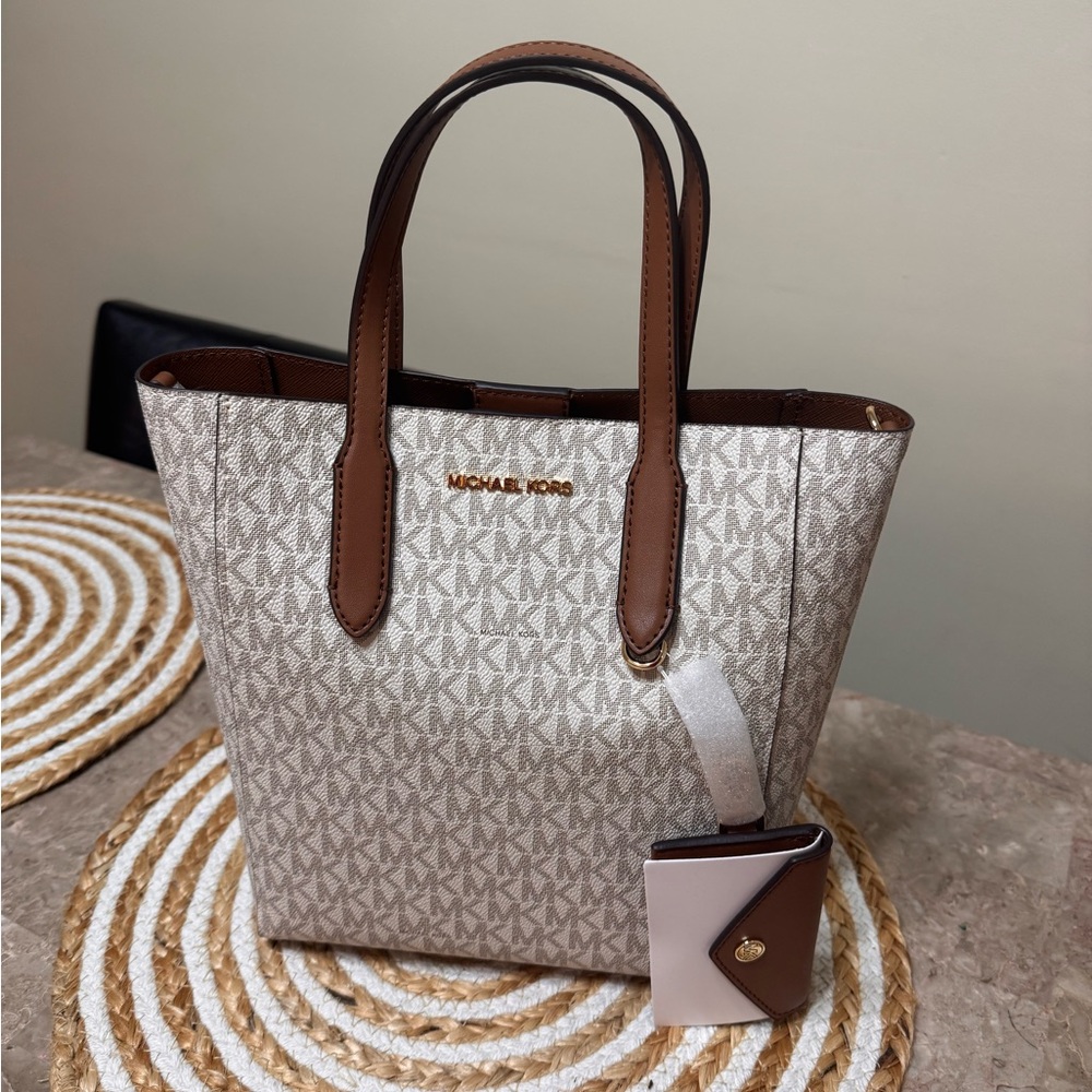 Michael Kors Monogram Tote - Cream and Brown w/ Card Case